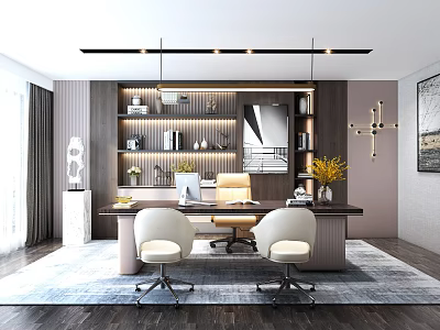 Elegant Modern Office Interior Design With Wooden Desk Comfortable Chairs And Wall Decorations 3d model