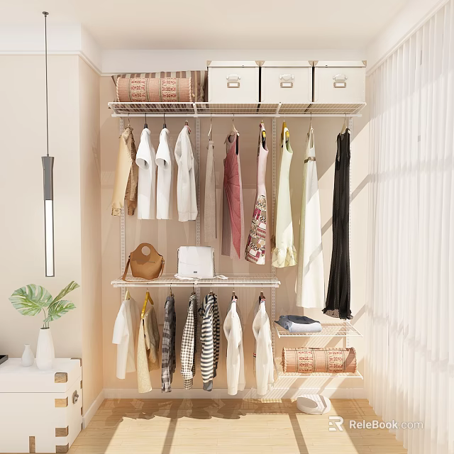 Modern Open Wardrobe Interior Design With Hanging Rods Clothing Items Drawers And Storage Boxes 3d model 