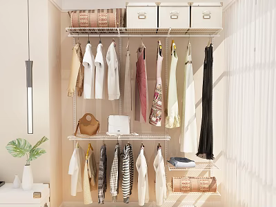 Modern Open Wardrobe Interior Design With Hanging Rods Clothing Items Drawers And Storage Boxes 3d model