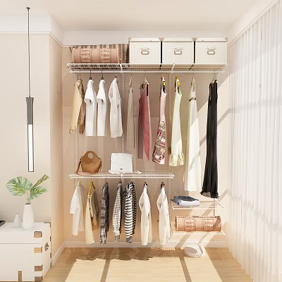 Modern Open Wardrobe Interior Design With Hanging Rods Clothing Items Drawers And Storage Boxes 3d model