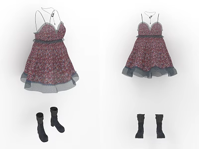 Women's Spaghetti Strap Floral Pattern Dress With Ruffled Hem Gray Trim And Black Ankle Boots 3d model