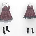 Women's Spaghetti Strap Floral Pattern Dress With Ruffled Hem Gray Trim And Black Ankle Boots