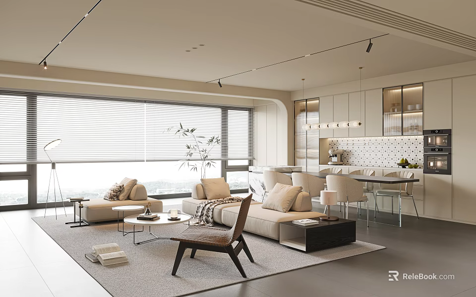 Modern Living And Dining Area Interior With Comfortable Sofa Dining Table And Large Windows 3d model 