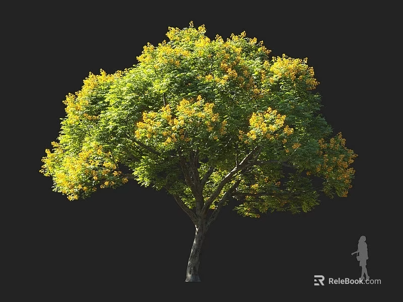 Tall Arbor With Green And Yellow Leaves And Person Silhouette Nearby 3d model 