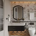 Stylish Modern Bathroom Interior With Floral Wallpaper Round Mirror Black Vanity And Geometric Tiles