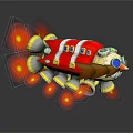Red Yellow Rocket Ship With Windows Multiple Thrusters And Glowing Orange Flames 3d model