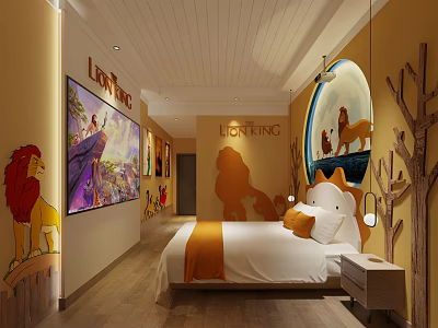 Hotel Guest Room Lion King Themed With Colorful Murals Lion Plush Toys And Decorative Mirror 3d model