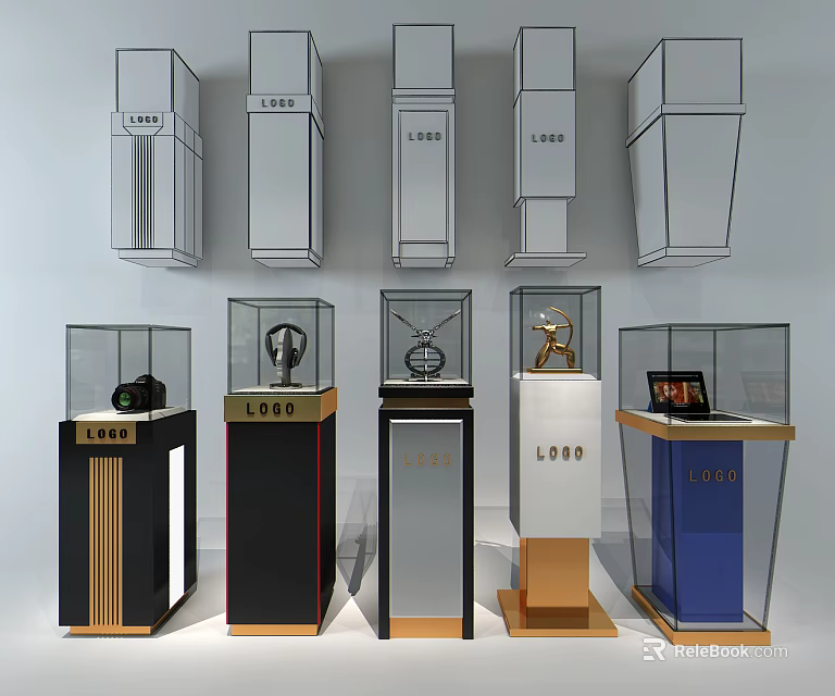 Modern Display Cabinets With Glass Doors And Colorful Metal Bases For Retail Products 3d model 