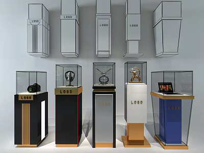 Modern Display Cabinets With Glass Doors And Colorful Metal Bases For Retail Products 3d model