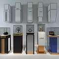 Modern Display Cabinets With Glass Doors And Colorful Metal Bases For Retail Products