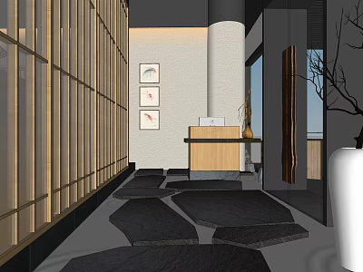 Modern Restaurant Interior With Wooden Partitions Reception Counter And Stone Floor 3d model