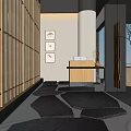 Modern Restaurant Interior With Wooden Partitions Reception Counter And Stone Floor