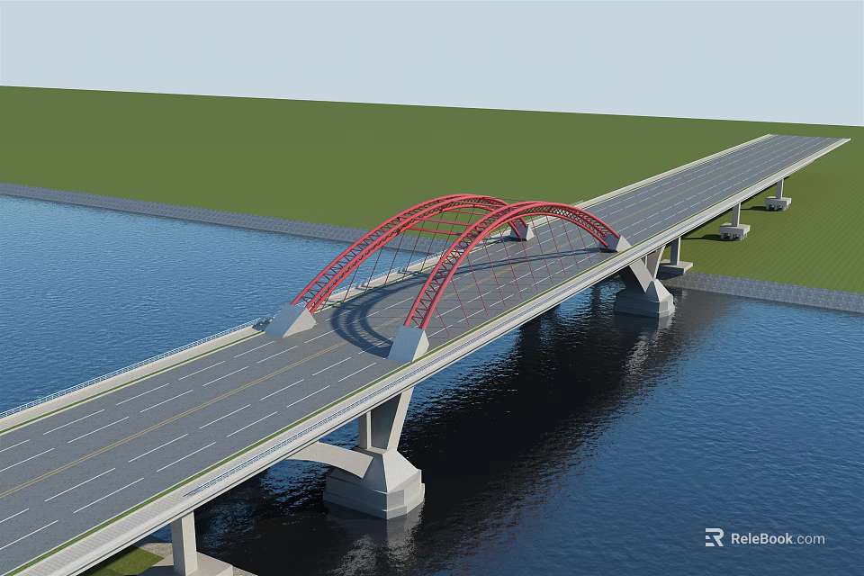 Red Arch Bridge With Highway Deck Spanning Water And Green Grass 3d model 