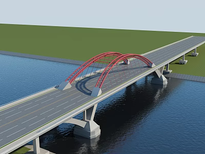Red Arch Bridge With Highway Deck Spanning Water And Green Grass 3d model
