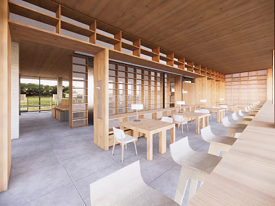 Wooden Interior Space With Tables Chairs And Natural Light Through Screens 3d model