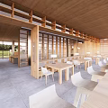 Wooden Interior Space With Tables Chairs And Natural Light Through Screens