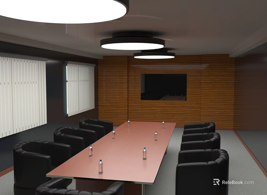 Modern Conference Room with Long Table Black Sofa Chairs Wooden Walls Pendant Lights and TV 3d model 