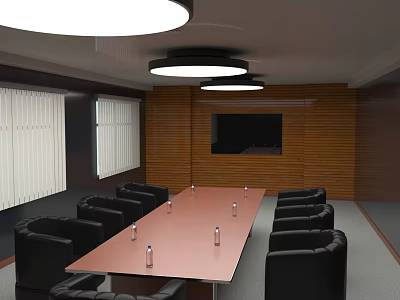Modern Conference Room with Long Table Black Sofa Chairs Wooden Walls Pendant Lights and TV 3d model