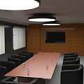 Modern Conference Room with Long Table Black Sofa Chairs Wooden Walls Pendant Lights and TV