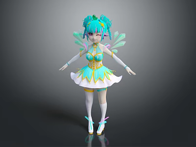 Colorful Fairy Character With Turquoise Pigtails Green Wings And Teal Yellow Dress 3d model