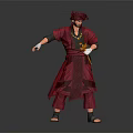 Red Robed Pirate Character With Parrot Creature Standing In Dark Setting