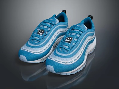 Blue Nike Air Max 97 Shoes With Smiley Face Logo And White Sole 3d model