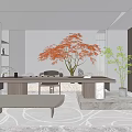 Modern Tea Room Interior Design With Table Red Maple Tree Bench Fireplace And Plants 3d model