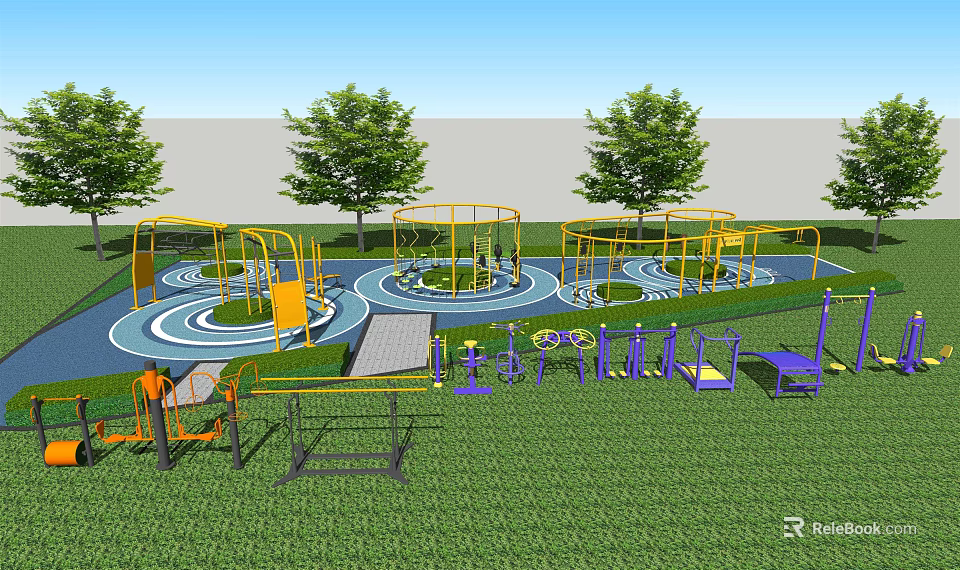 Outdoor Sports Equipment in Playground with Yellow Purple Blue White Circular Patterns Green Grass Trees 3d model 