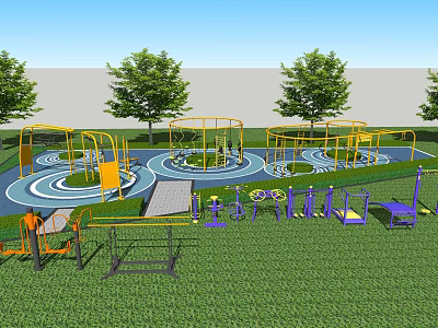 Outdoor Sports Equipment in Playground with Yellow Purple Blue White Circular Patterns Green Grass Trees 3d model
