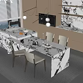 Modern Kitchen Marble Dining Table And Chairs With Cabinets And Pendant Lights