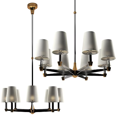 Modern Chandelier Design With Multiple White Lampshades Black Metal Frame And Gold Accents 3d model
