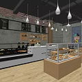 Industrial Style Dessert Shop Interior With White Pendant Lights Glass Display Cases And Wooden Floors