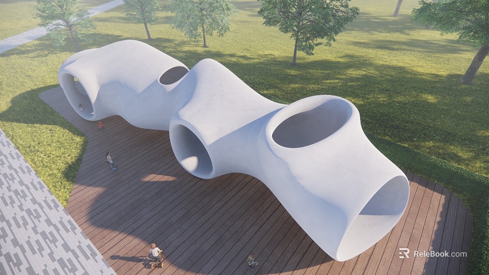 Modern Children's Play Area With White Curved Structures Wooden Deck And Green Surroundings 3d model 