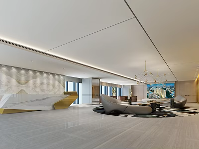 Modern Hotel Lobby Interior With Elegant Reception Desk Sofa Area And Chandelier 3d model