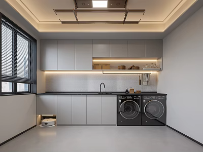 Modern Kitchen Design With Gray Cabinets Black Countertop Window Blinds Double Washing Machines 3d model