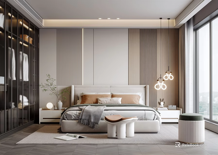 Modern Bedroom Interior Design With Soft Headboard Glass Wardrobe And Pendant Lights 3d model 