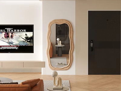 Irregular Shaped Wooden Frame Mirror In Modern Living Room With Sofa And TV 3d model