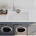 Modern Bathroom Cabinet Rack With Double Washing Machines White Countertop And Faucet