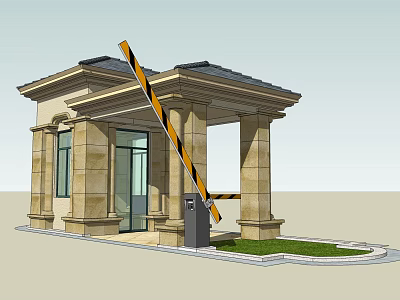 European Style Security Booth With Stone Columns Sloped Roof Barrier Gate And Lawn 3d model
