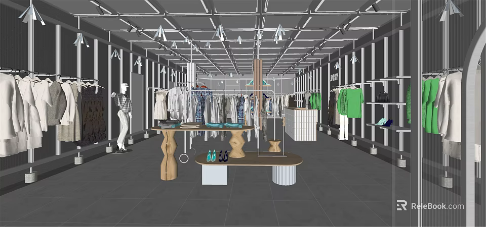 Modern Clothing Store Interior With Mannequins Hanging Clothes And Display Tables 3d model 