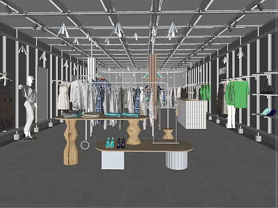 Modern Clothing Store Interior With Mannequins Hanging Clothes And Display Tables 3d model