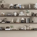 Decorative Ornament Set With Vases Table Lamps Photo Frames On Multiple Wooden Wall Mounted Shelves