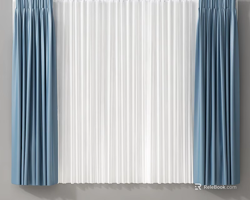 Blue and White Double Layer Curtains With Soft Fabric For Interior Decoration 3d model 
