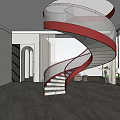Modern Red Spiral Staircase Interior With Marble Steps And Large Windows 3d model