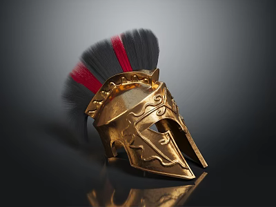 Golden Classical Helmet with Red and Black Plume and Carved Patterns in Metallic Sheen 3d model
