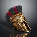 Golden Classical Helmet with Red and Black Plume and Carved Patterns in Metallic Sheen