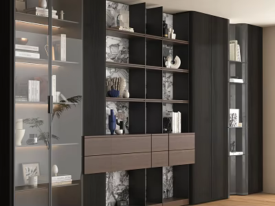 Modern Decorative Cabinet With Glass Doors Wooden Frame Open Shelves And Decorative Items 3d model