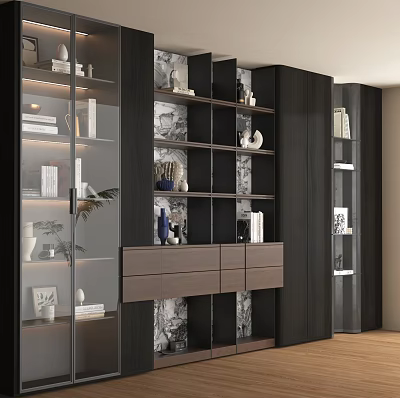 Modern Decorative Cabinet With Glass Doors Wooden Frame Open Shelves And Decorative Items 3d model