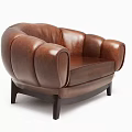 Classic Brown Leather Single Sofa With Vertical Tufted And Curved Design Wooden Legs