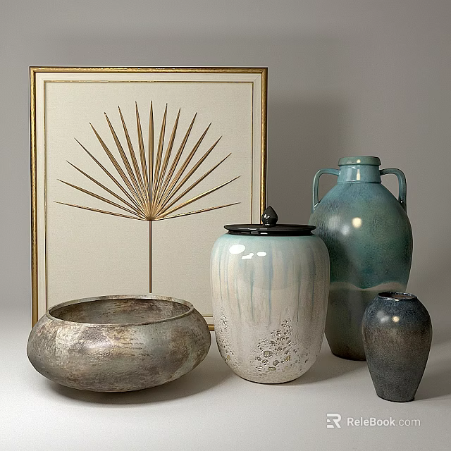 Decorative Ornament Set with Gold Framed Art Ceramic Vases Lidded Jar and Metallic Bowl 3d model 